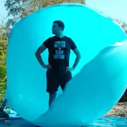 Dan inside the balloon as it pops