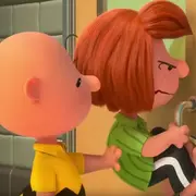 Peanuts characters Charlie Brown and Lucy opening a door